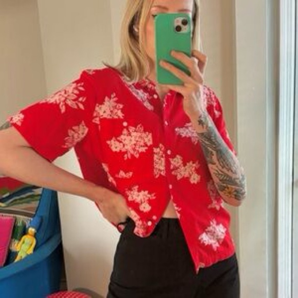 Urban Outfitters Aloha floral Out From Under oversized button shirt M vibrant